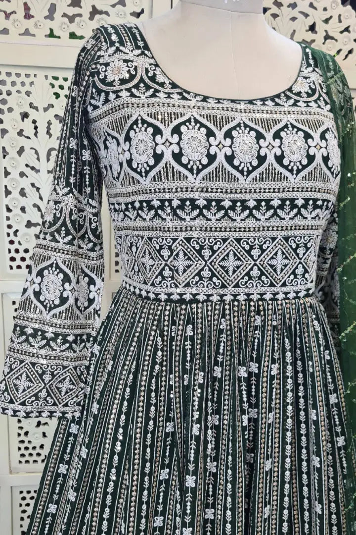 Georgette Anarkali Dress With Duppatta in Bottle Green