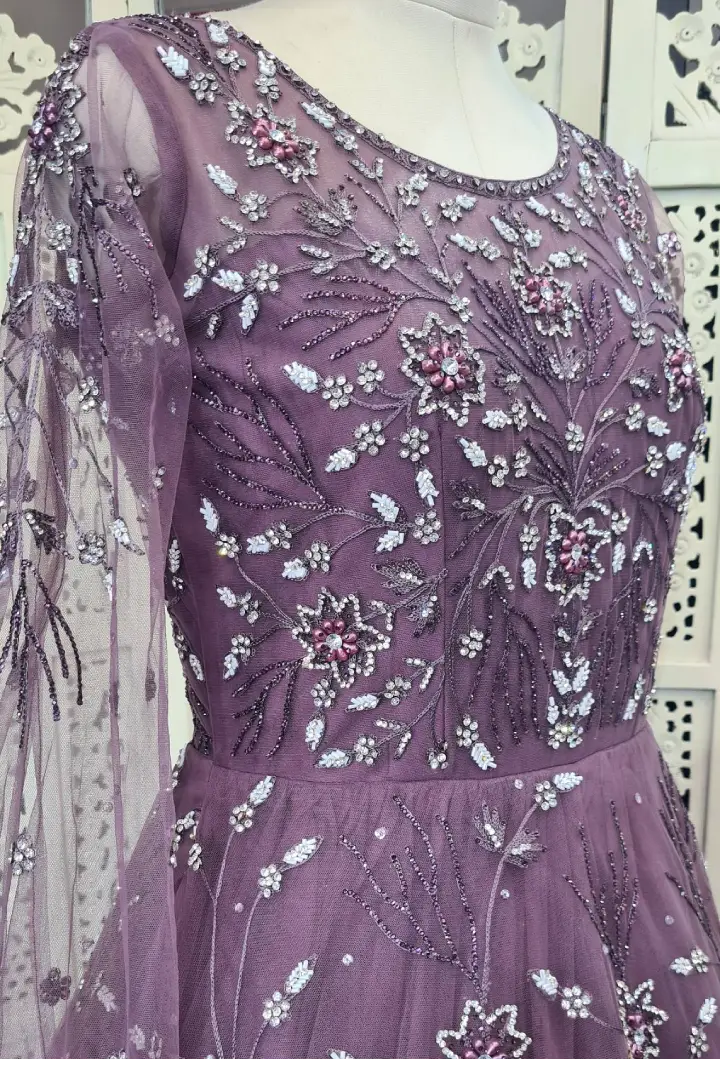 Hand Embroidered Partywear Barbie Gown In Mat Wine Colour