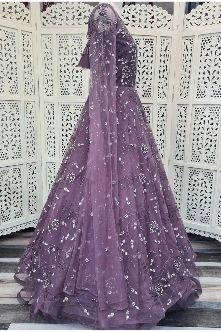 Hand Embroidered Partywear Barbie Gown In Mat Wine Colour