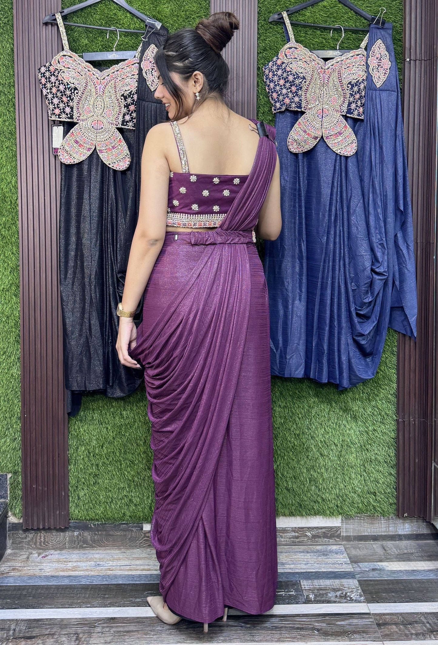 Butterfly Blouse Drape Saree with Embroidered Waist Belt