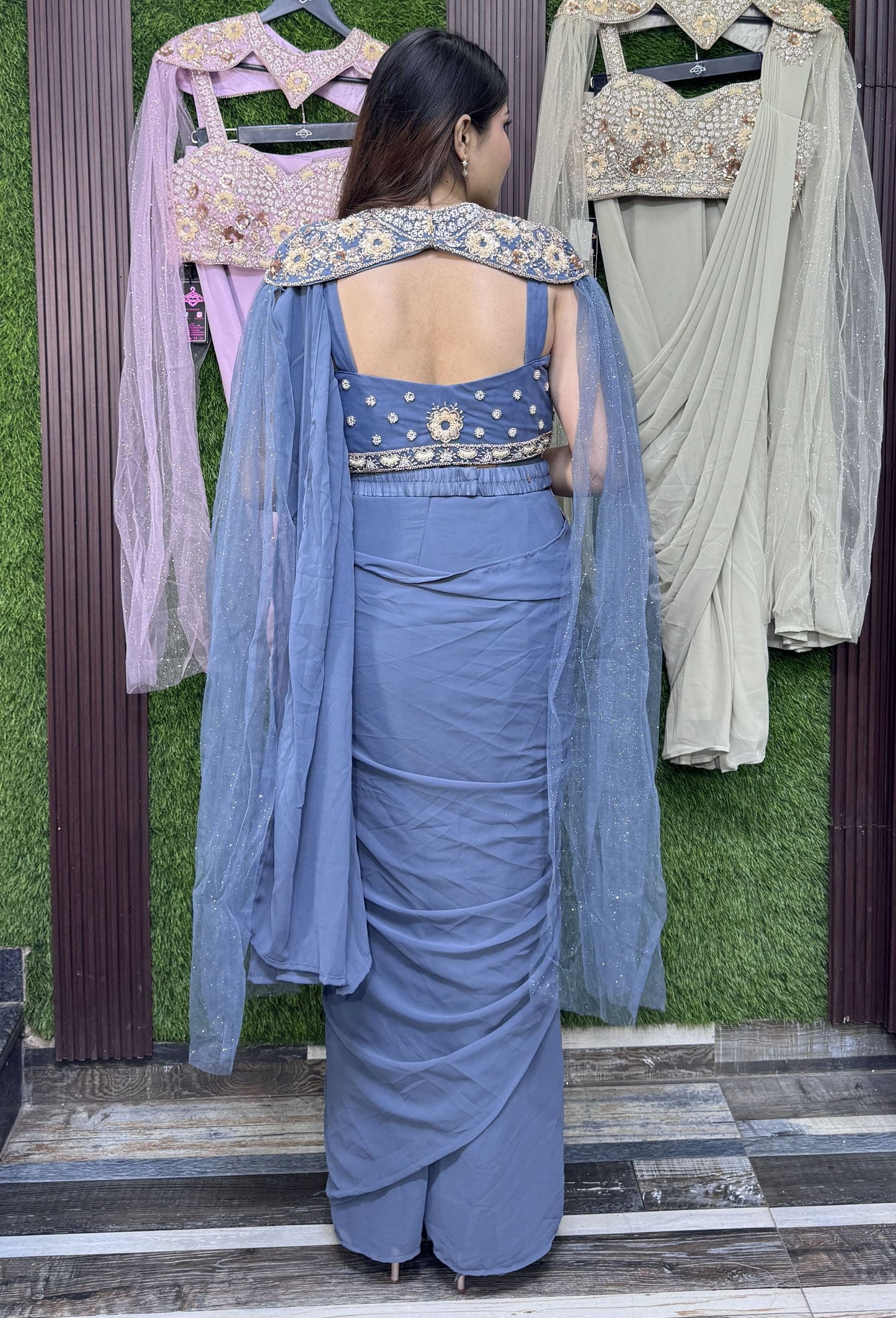 Cape Style Ready-to-Wear Drape Saree with Handwork Blouse & Belt