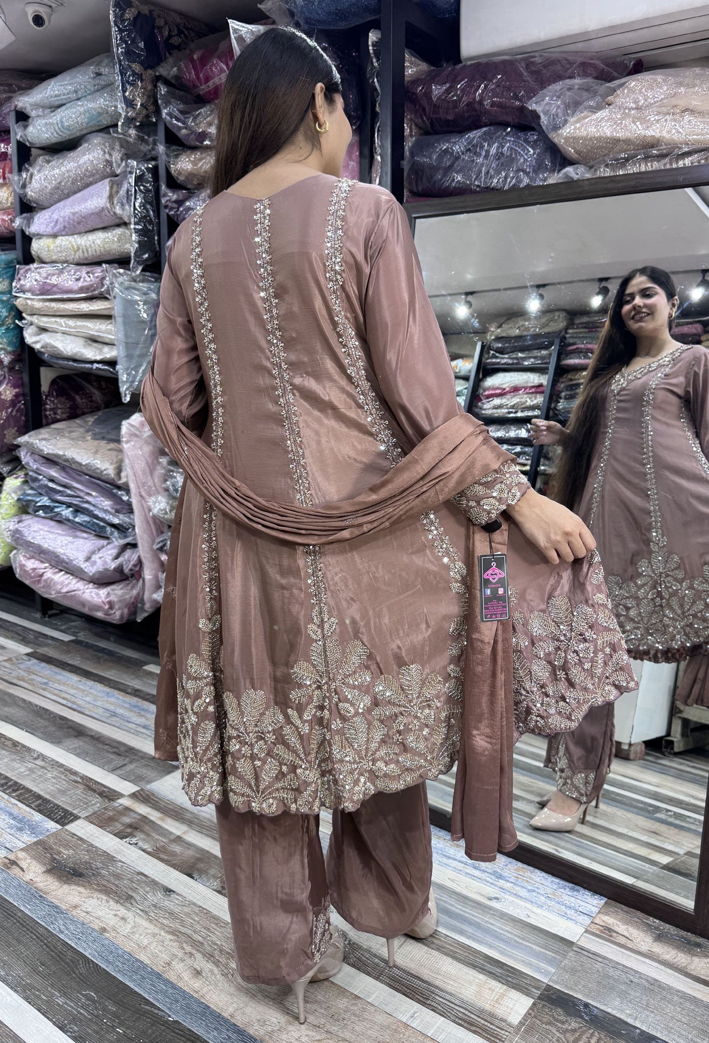 Pakistani Crepe Anarkali Plazo Suit Set with Embroidered Dupatta