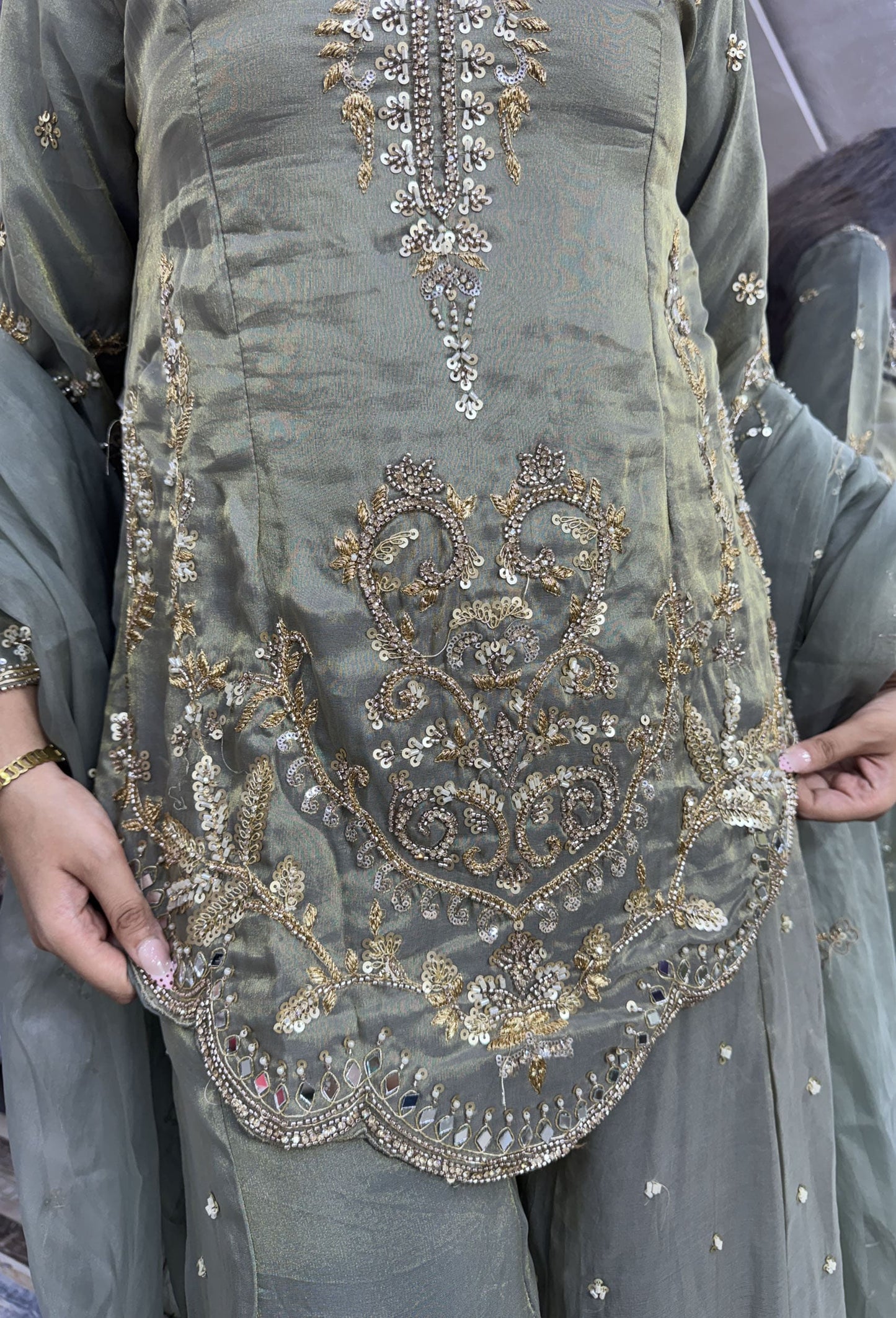 Elegant Hand Work Organza Silk Sharara Suit with Heavy Embroidered Dupatta