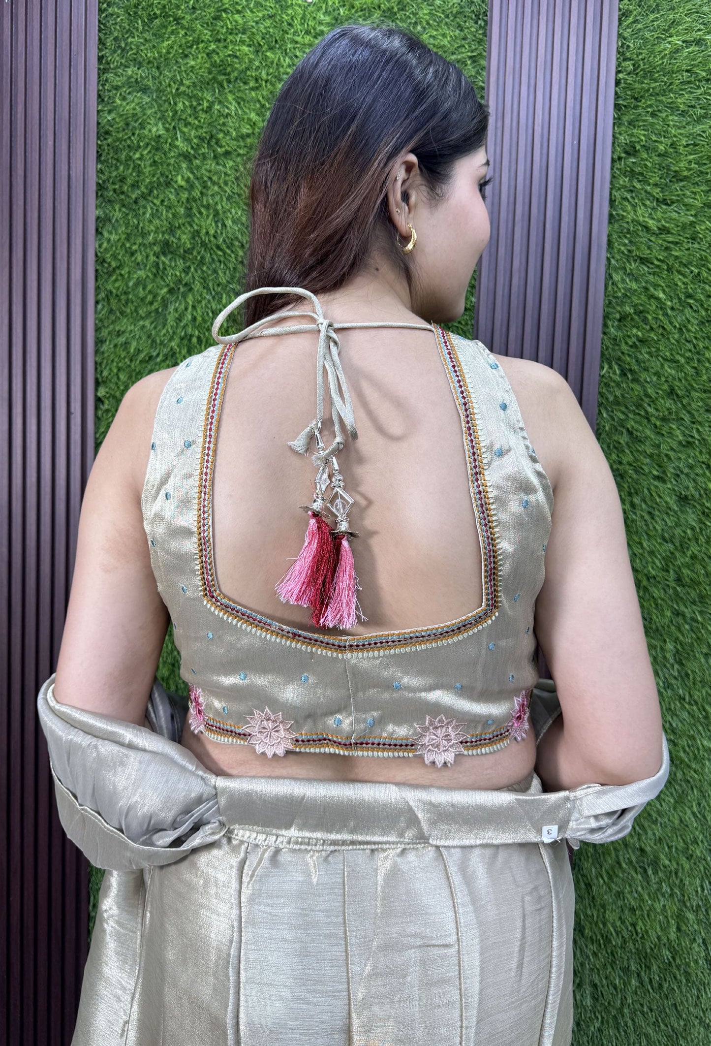 Embroidered Corset Crop Top Sharara with Tissue Silk Palazzo & Choker Dupatta