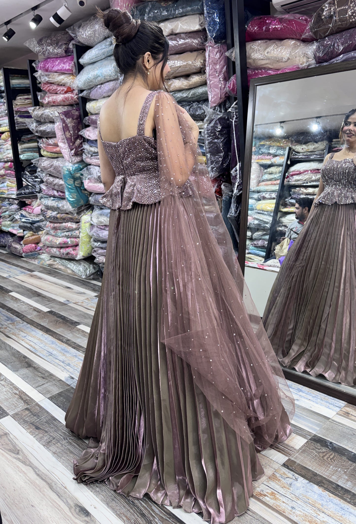 Spagheti Style Hand Embellished Organza Anarkali Modern Style Dress with Falling Sleeves