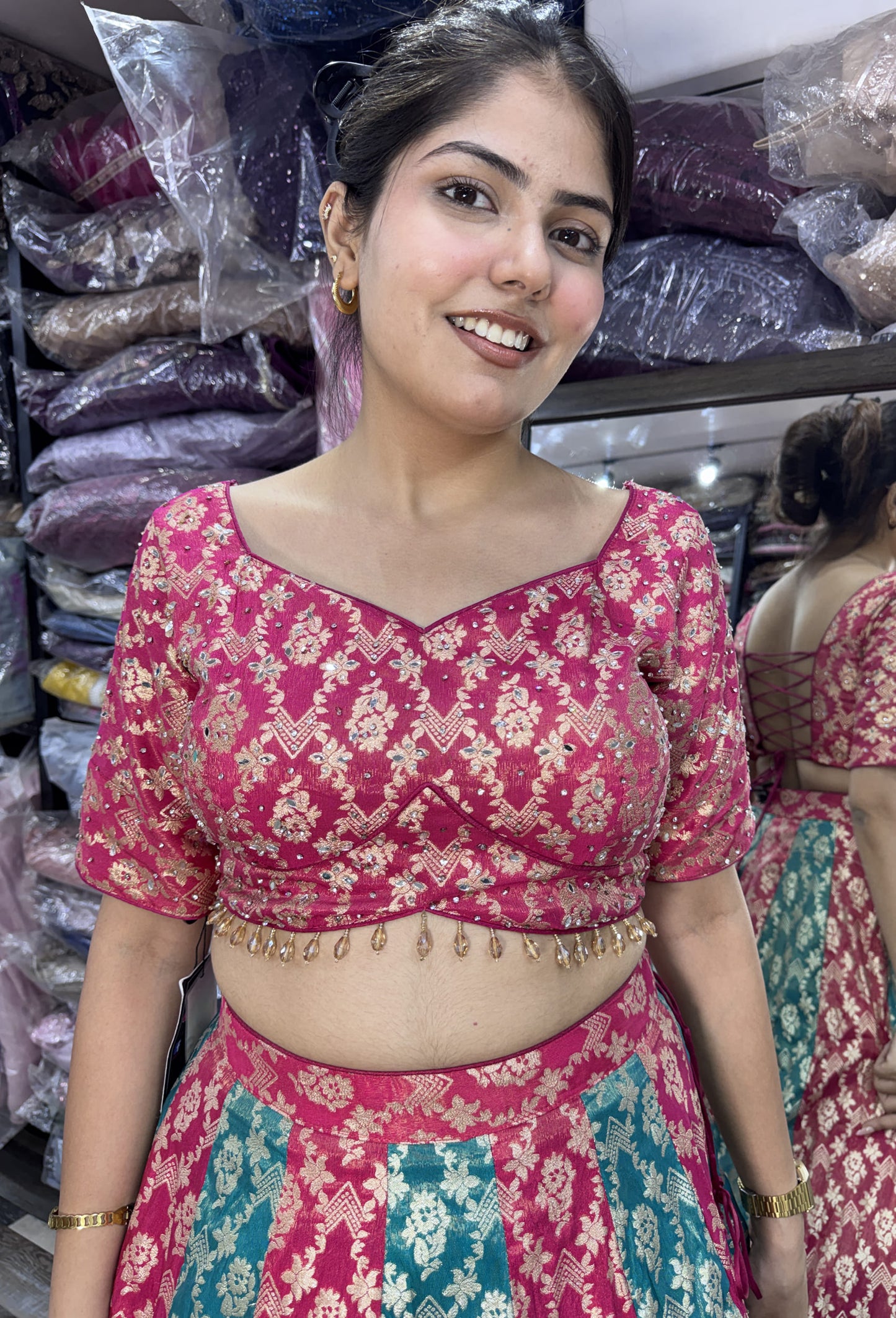 Pure Banarasi Kaliya Lehenga Choli with Half Sleeve Blouse & Border Dupatta