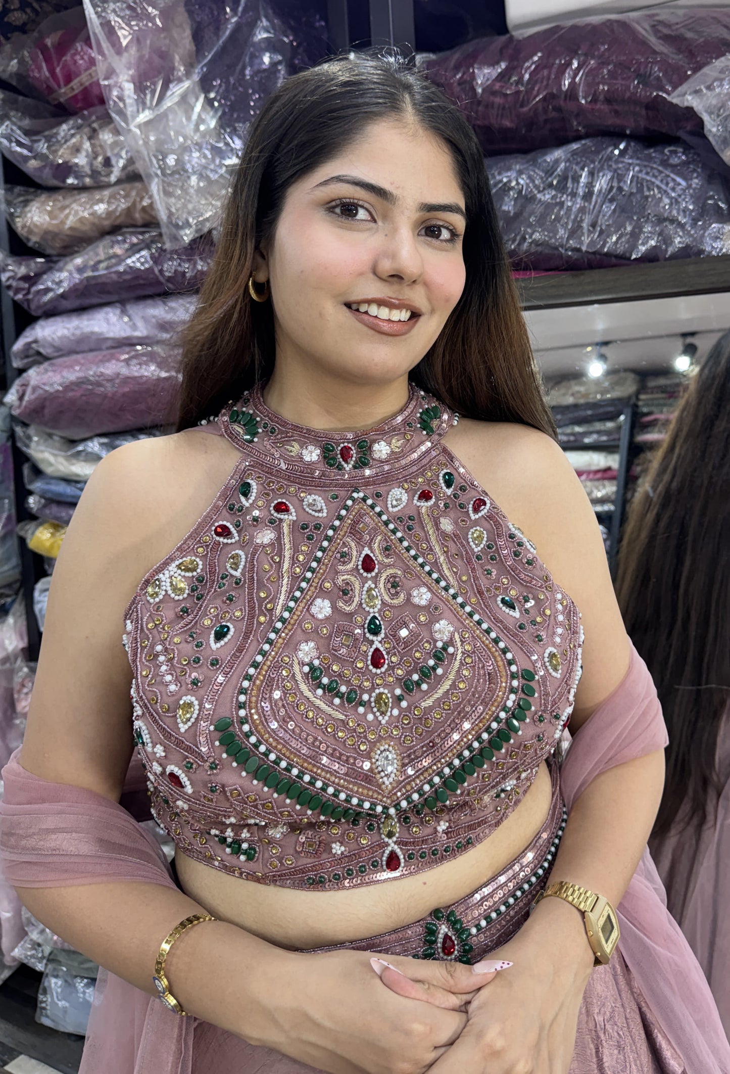 Halter Neck Emerald Stone Work Lehenga Choli with Net Dupatta