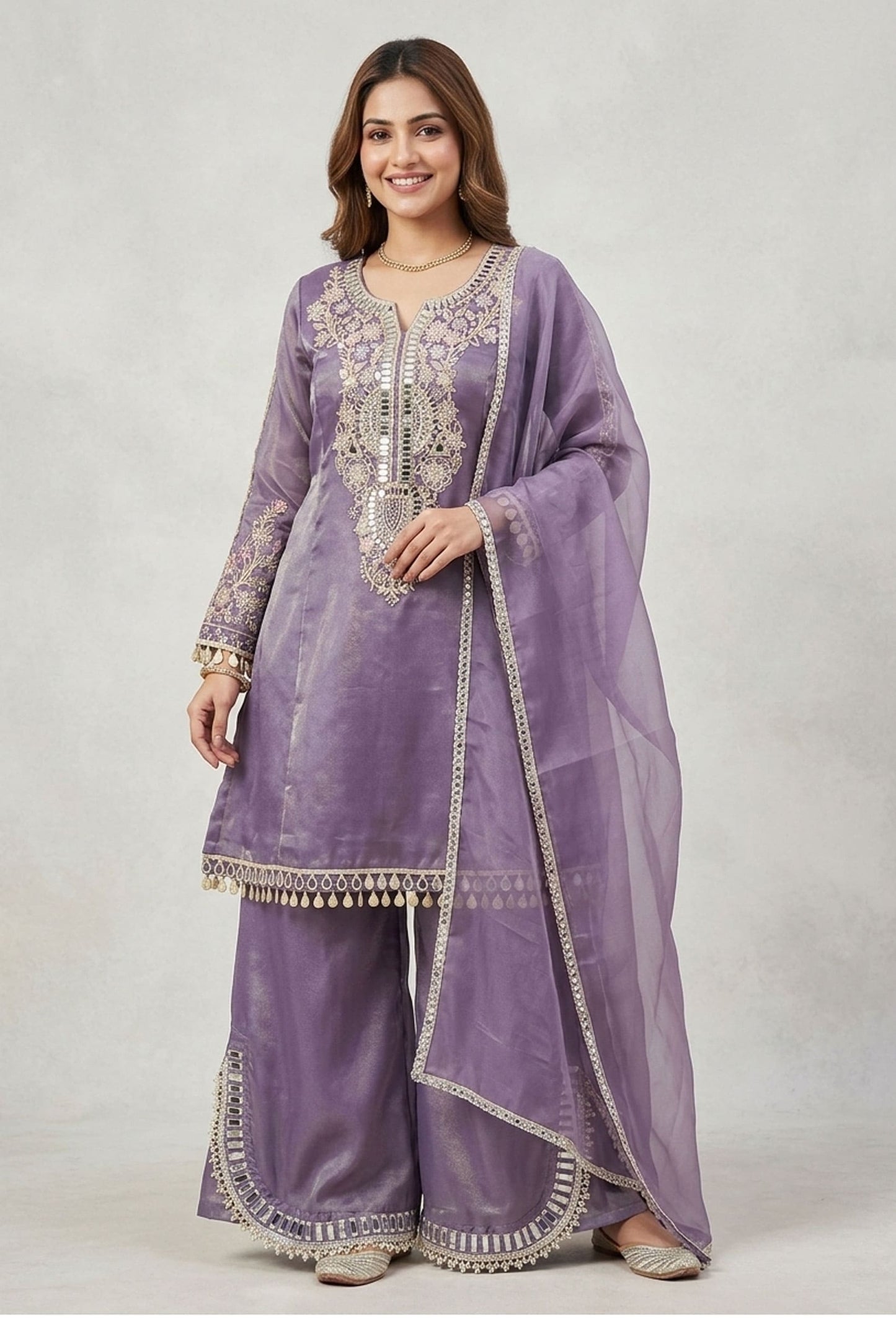 Purple Shimmer Tissue Silk Embroidered Plazo Suit with Mirror Work Dupatta