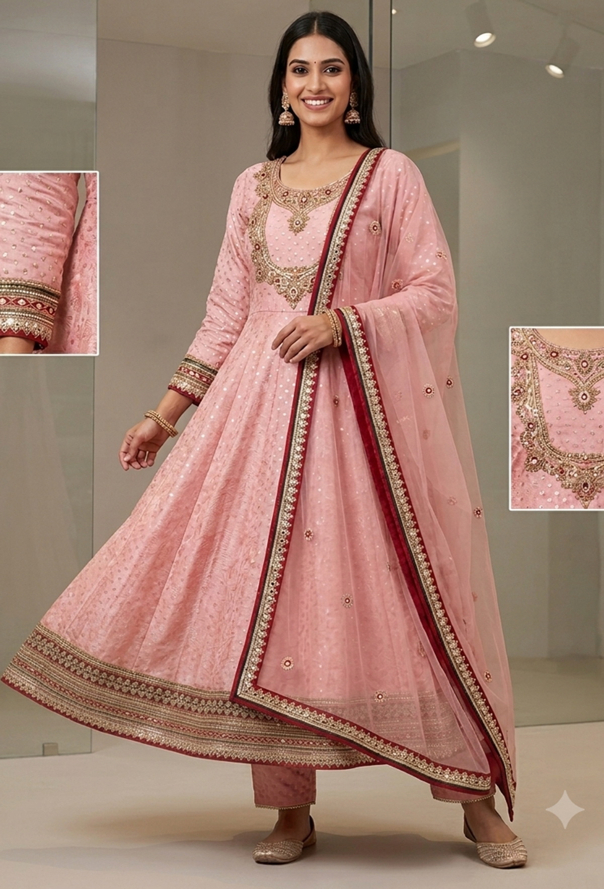 Pure Banarasi Anarkali Suit with Emerald Stone Neckline & Net Dupatta - Flared Anarkali Dress