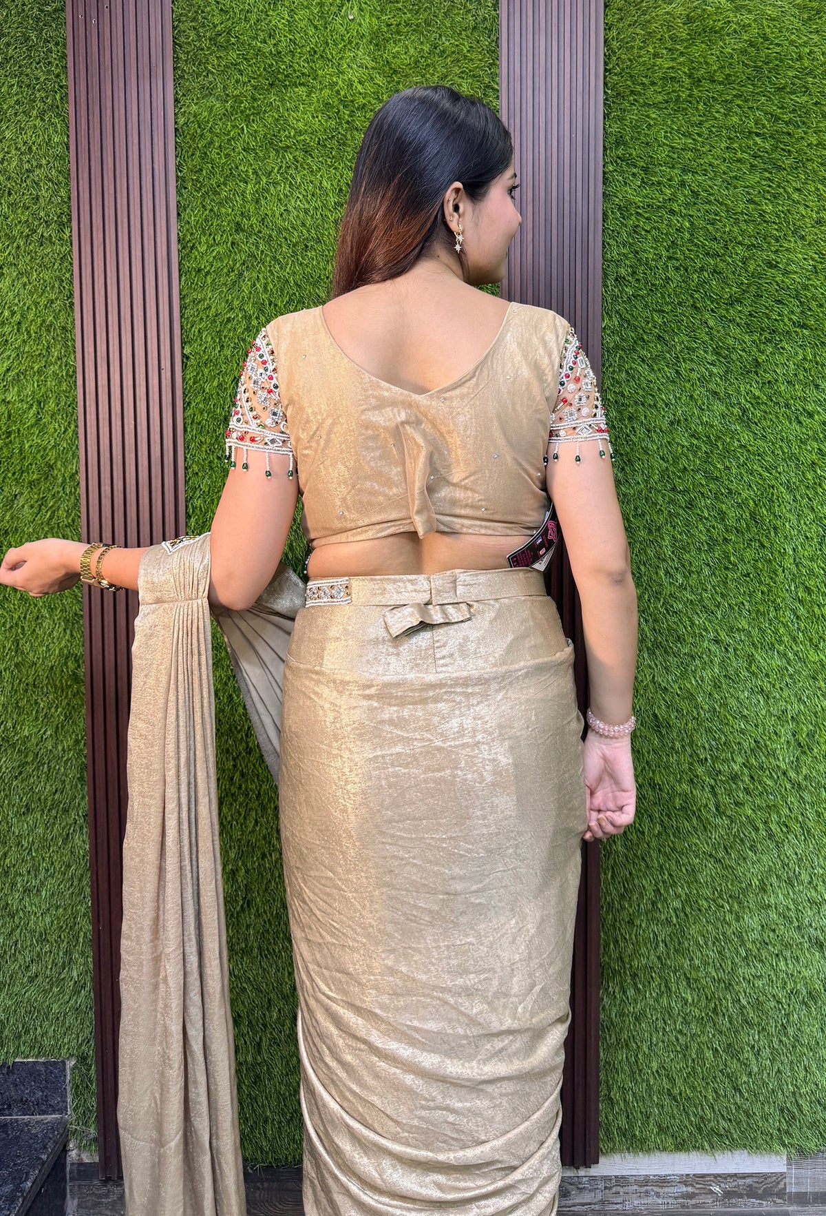 Emerald Stone Hand Work Blouse Ready to Wear Saree in Shimmer Imported Silk with Gold Waist Belt