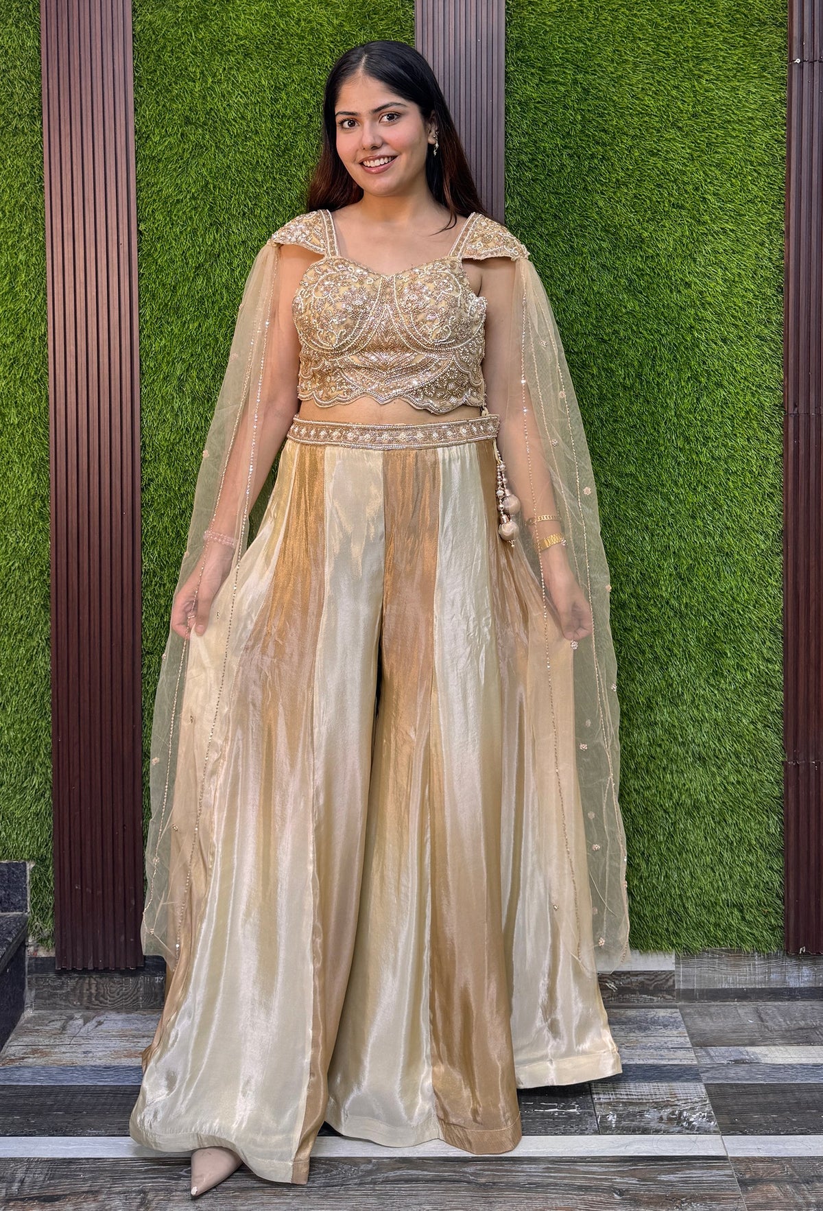 Hand Work Cape Style Crop Top Sharara with Two-Tone Flared Palazzo in Pure Organza Silk