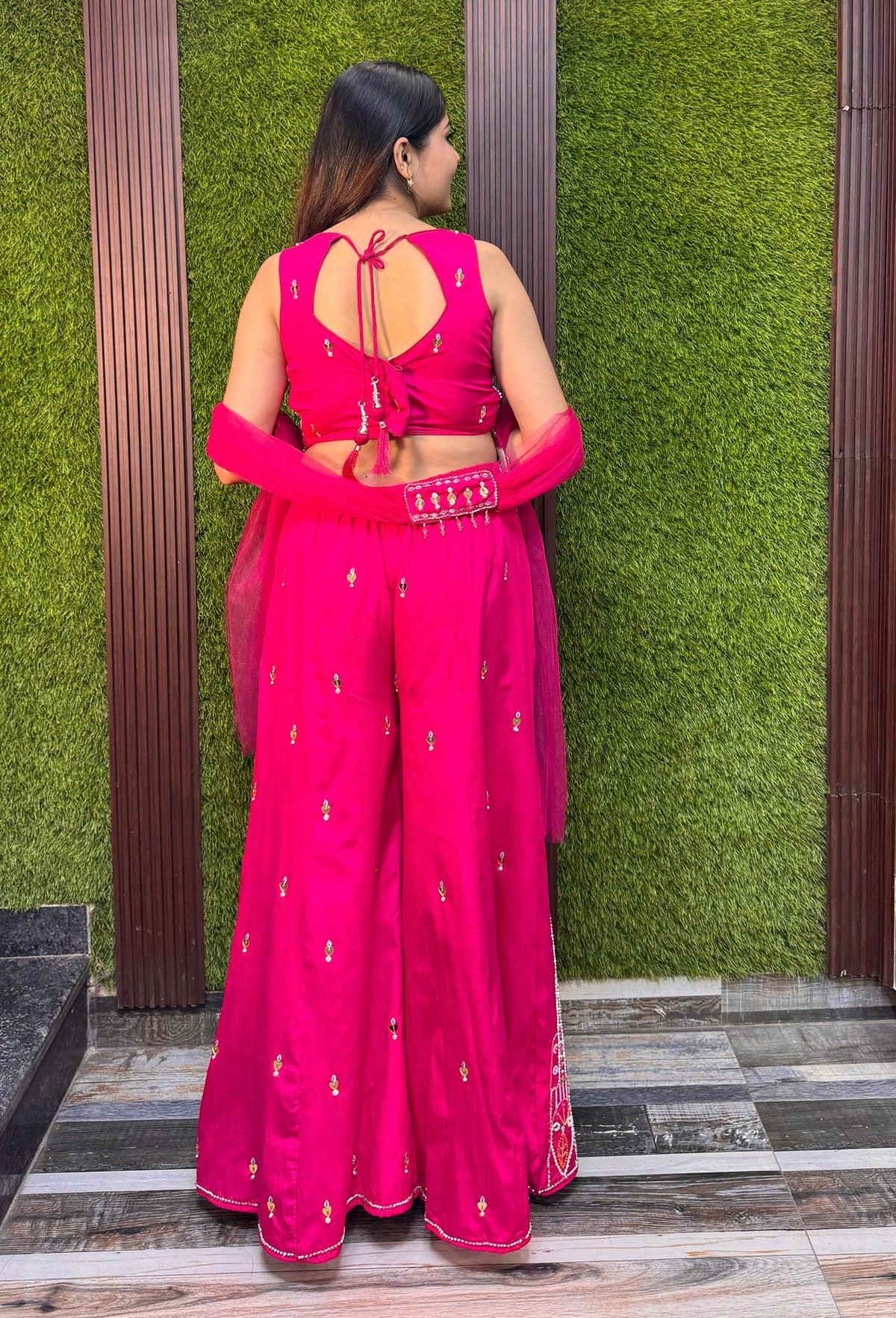 PDP Style Fully Embellished Crop Top Sharara with Choker Dupatta - Silk Sharara Set