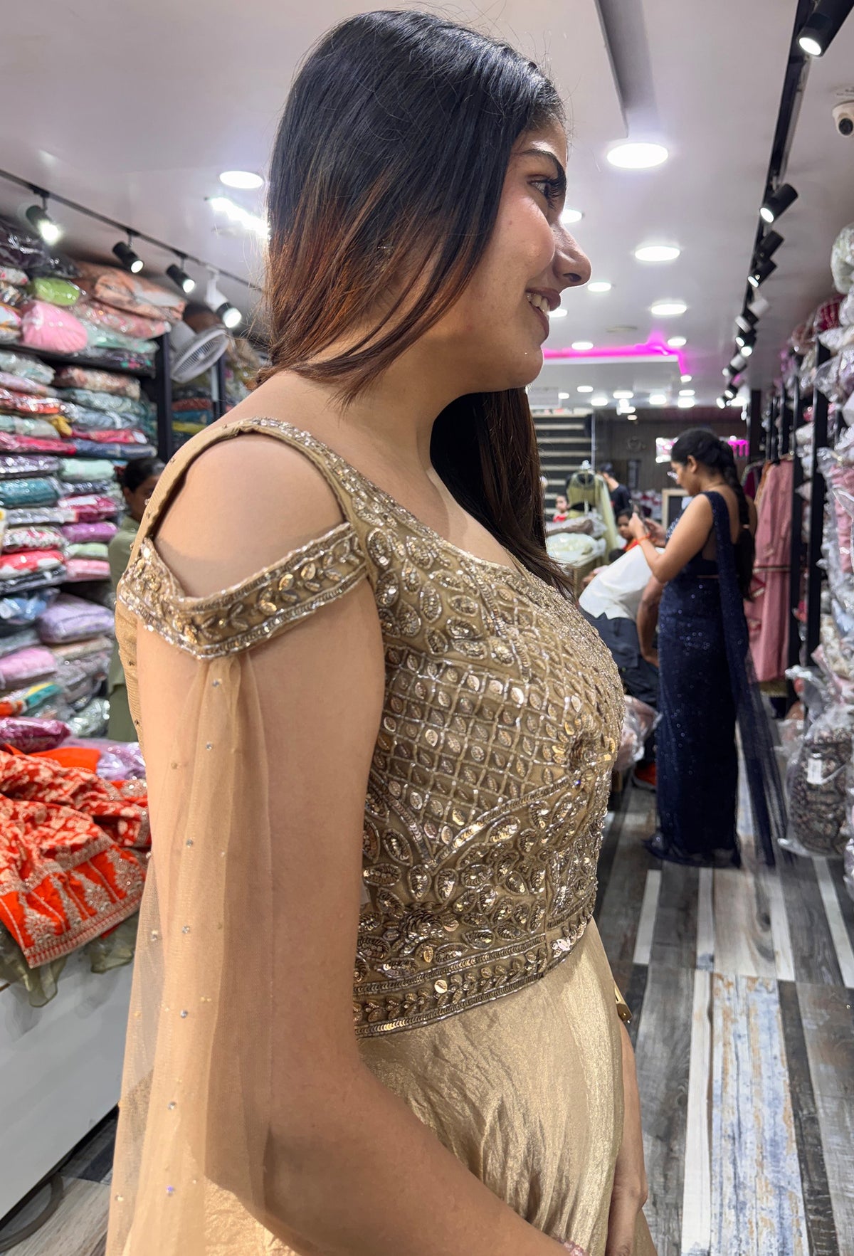 Off Shoulder Hand Work Full Flare Gown in Organza Silk with Long Dupatta Style Sleeves