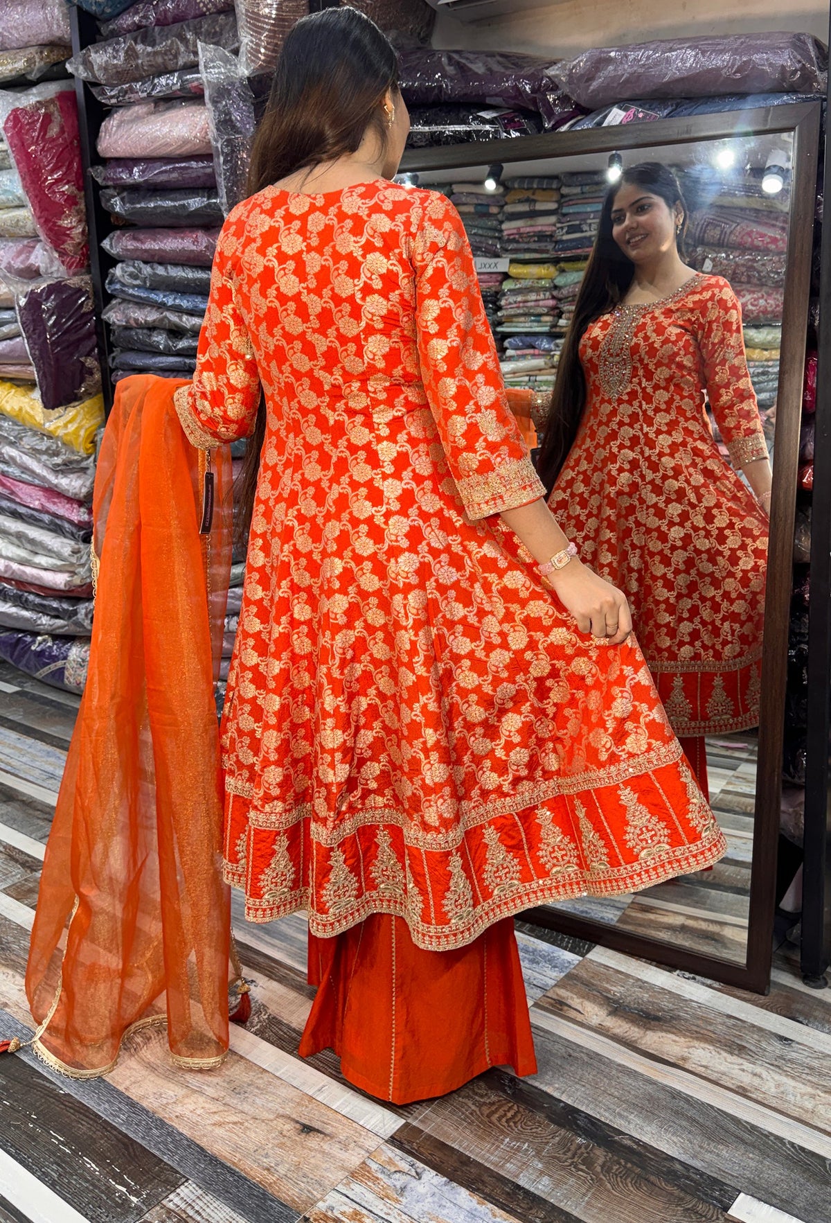 Pure Banarasi Long Anarkali with Flared Silk Palazzo & Net Dupatta
