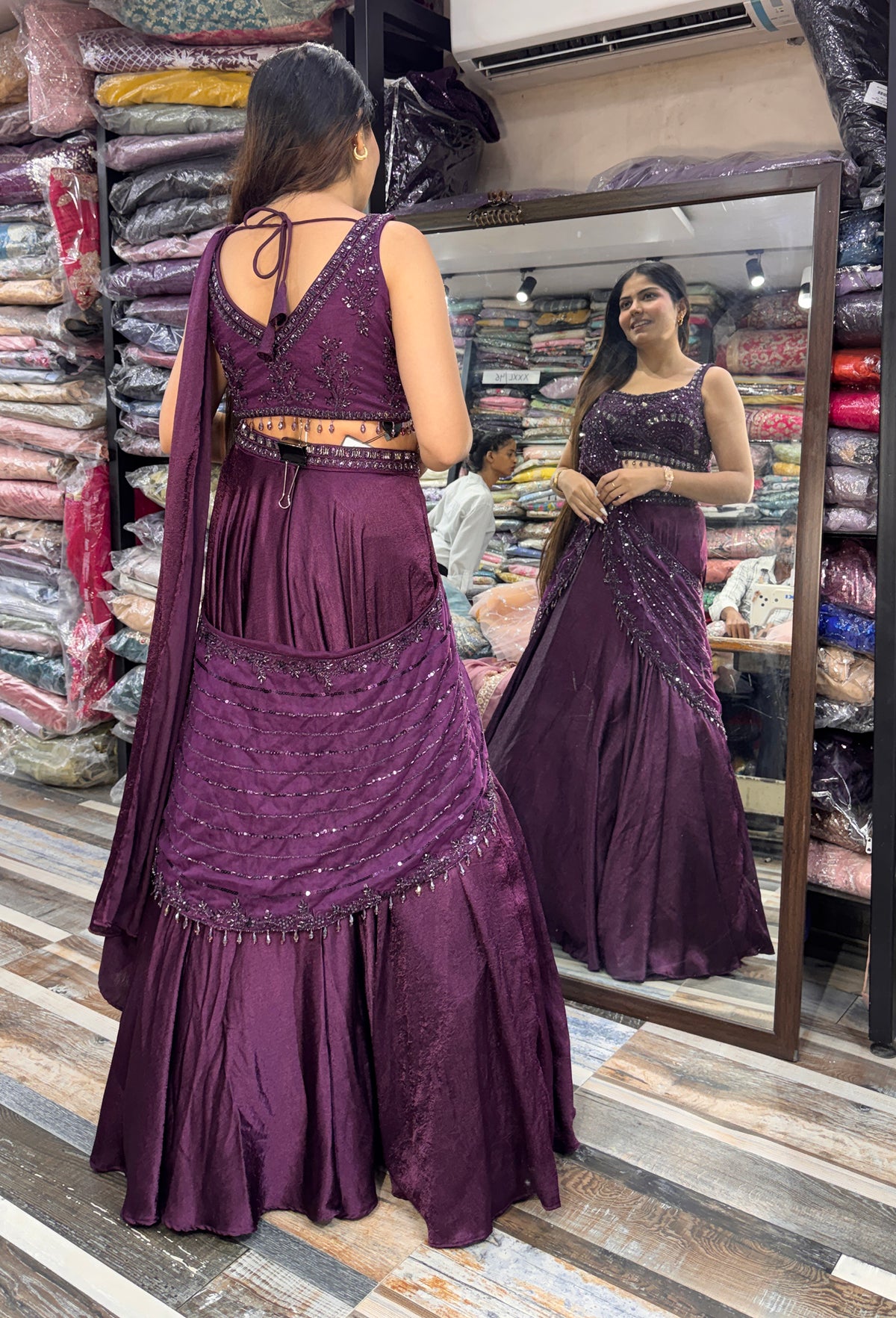 Designer Hand Work Crop Top & Skirt Set with Connected Drape in Imported Silk
