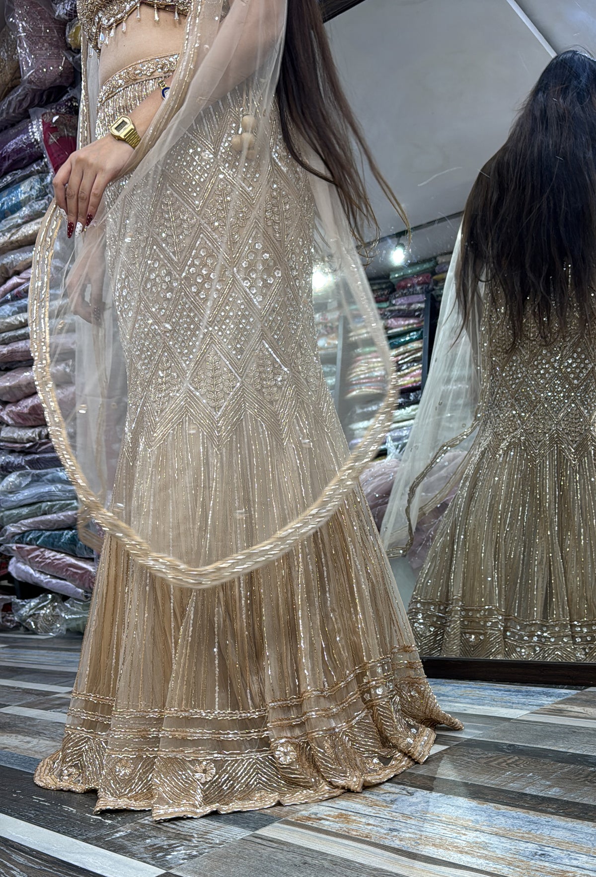 Fish-Cut Crop Top Skirt Set with Hand Embroidered Golden Cape