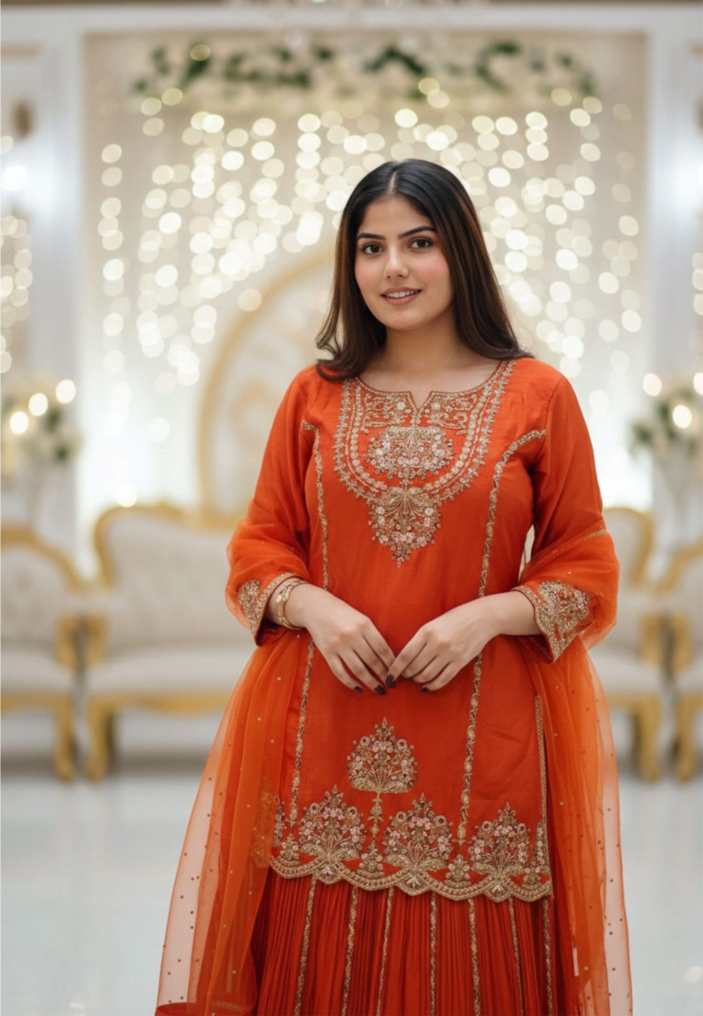 Chinnon Silk Hand Embroidered Indo Western Lehenga with Long Shirt in Orange