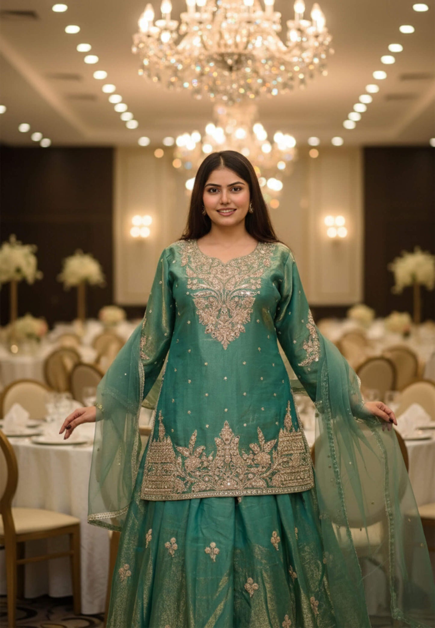 Organza Silk Dori Embroidered Indo Western Dress with Long Shirt