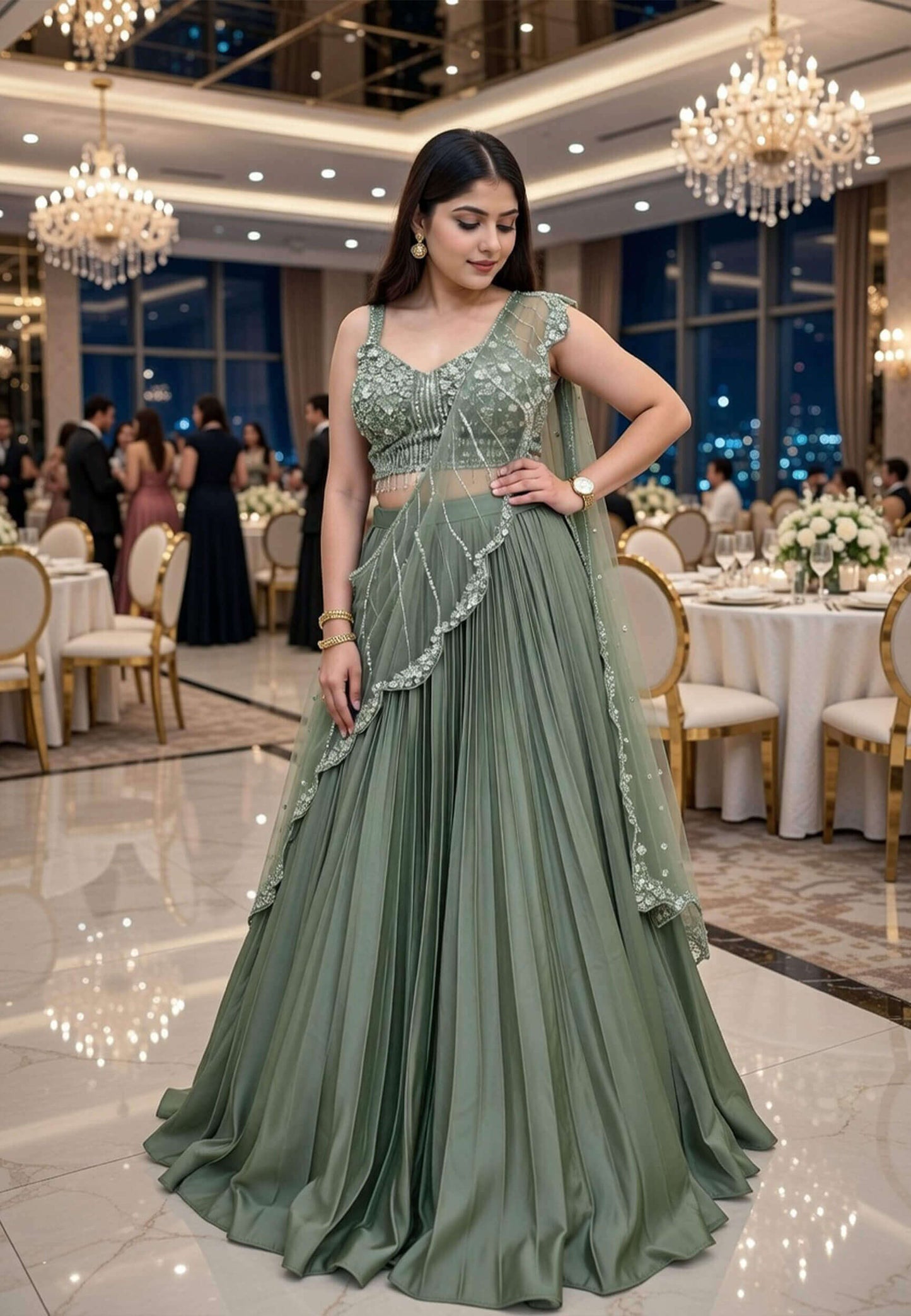 Armani Satin Embellished Blouse Lehenga Choli with Connected Hand Work Drape