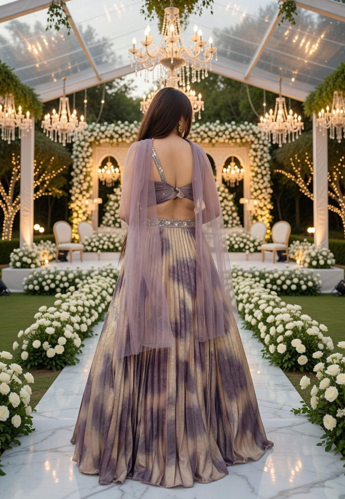 Hand Embellished Lehenga Dress with Tie Dye Pleated Silk Skirt