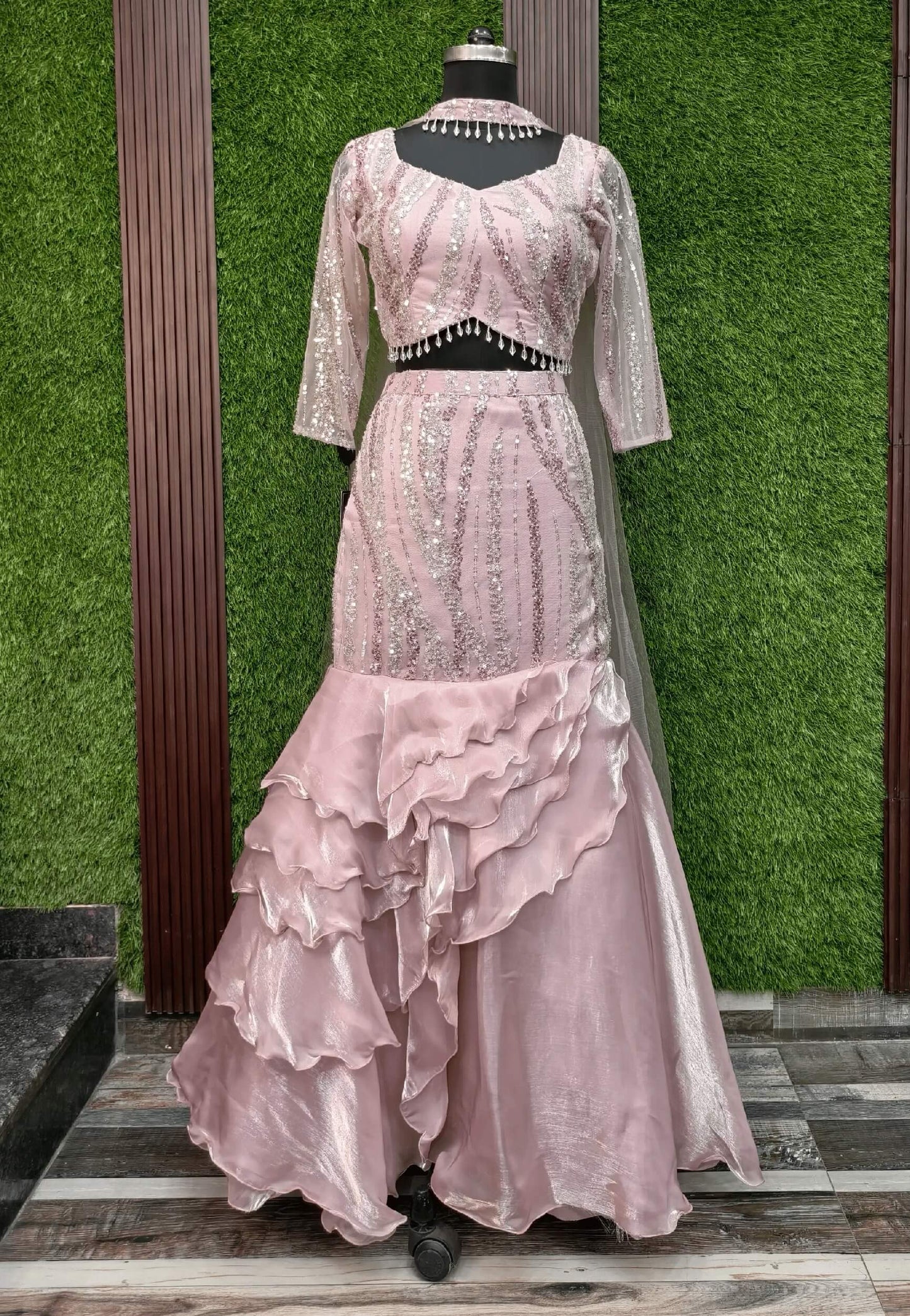 Full Sleeve Embellished Fish Cut Lehenga with Ruffle Designing