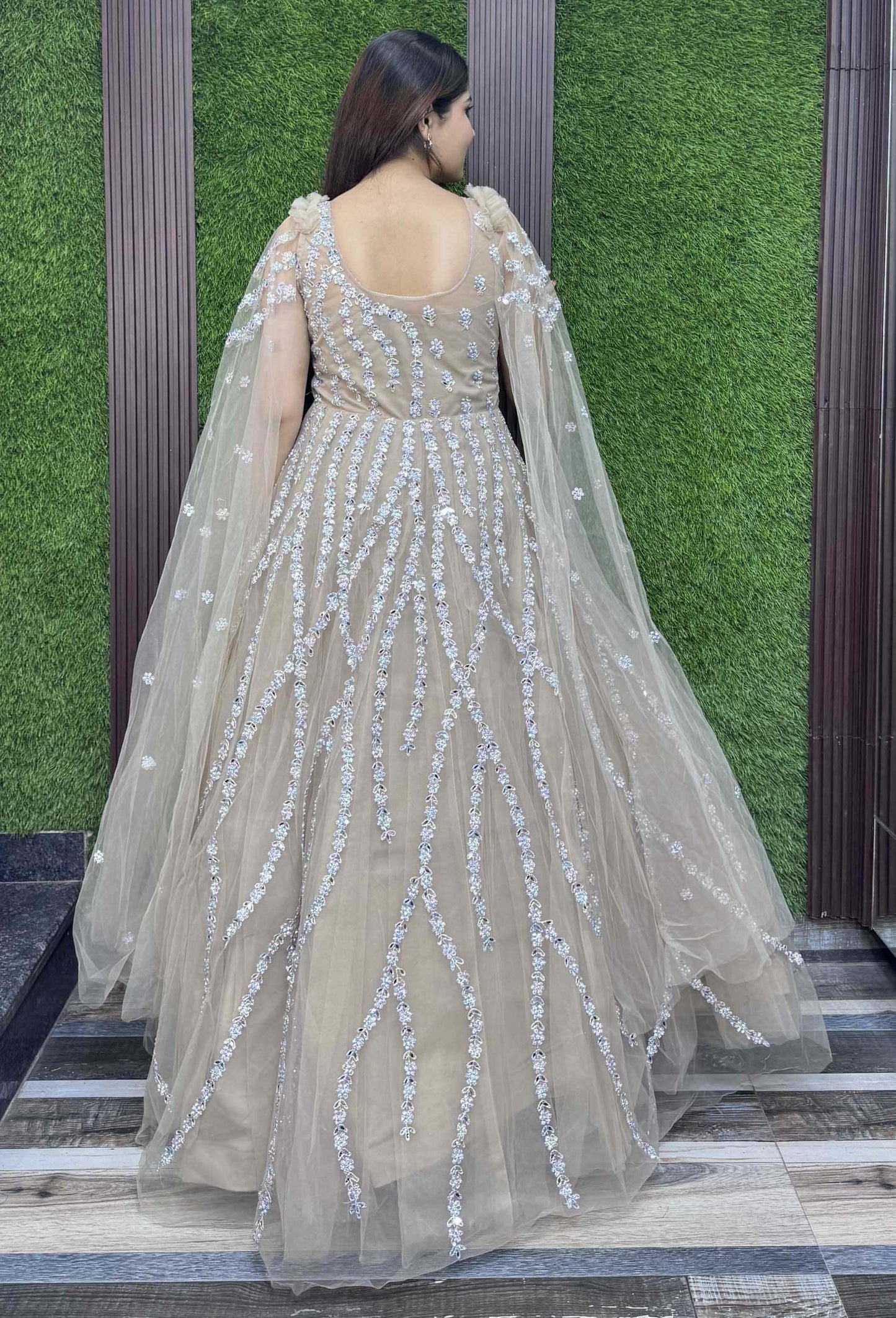 Multi-Embroidered Partywear Gown with Elegant Long Sleeve Design