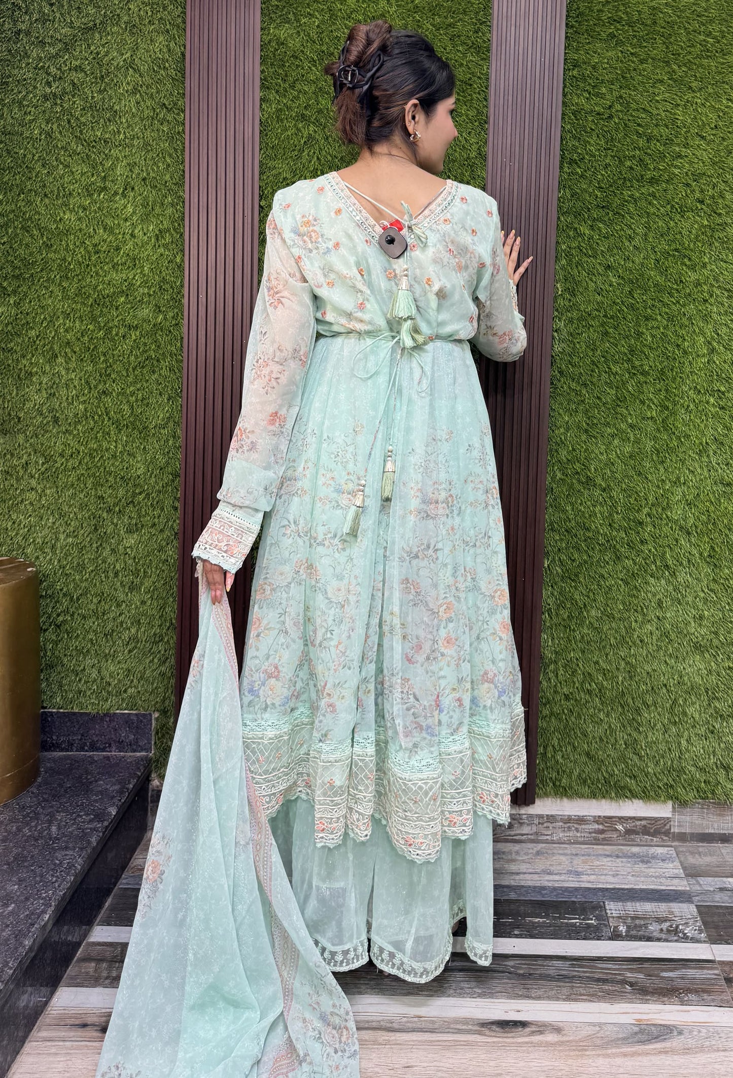 V-Neck Shimmer Tissue Anarkali Set with Churidar Sleeves