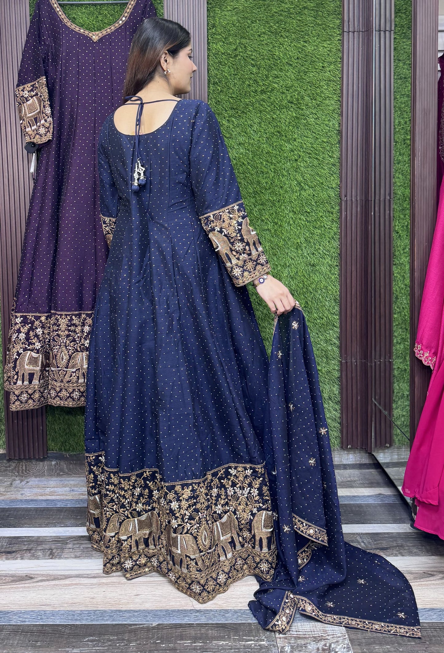 Heritage Style Full Sleeve Anarkali Silk with Paneled Motif Embroidery & Dupatta Set