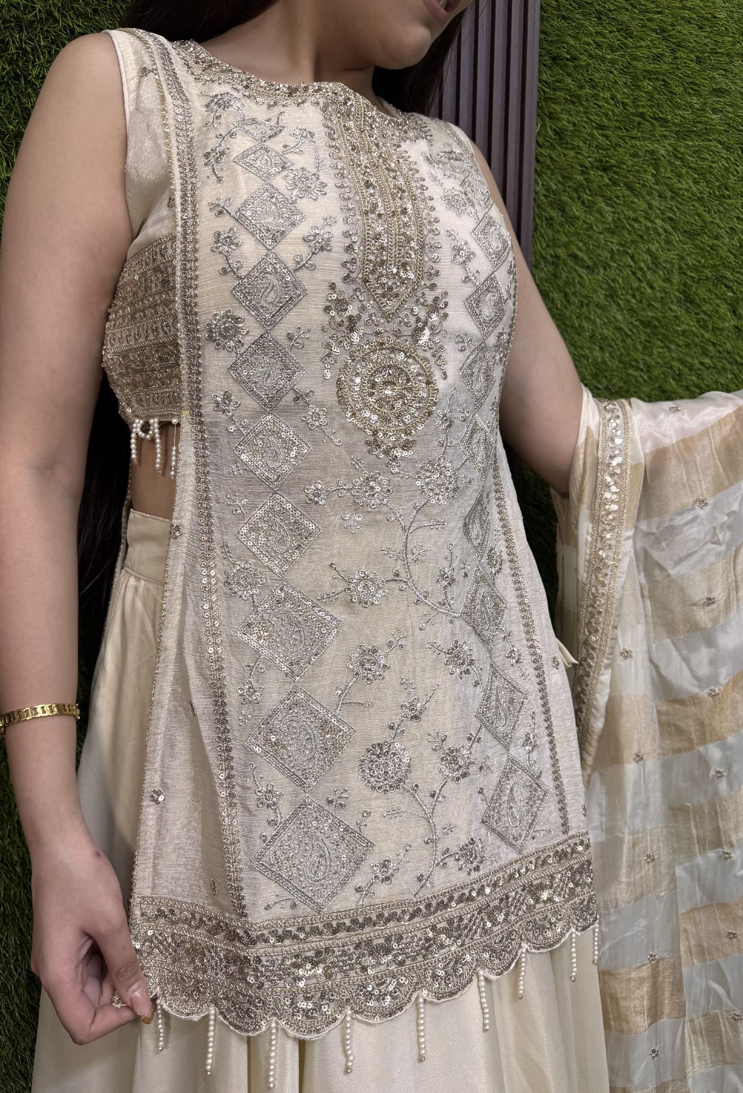 Indo Western Banarasi Tissue Lehenga with Short Shirt Set