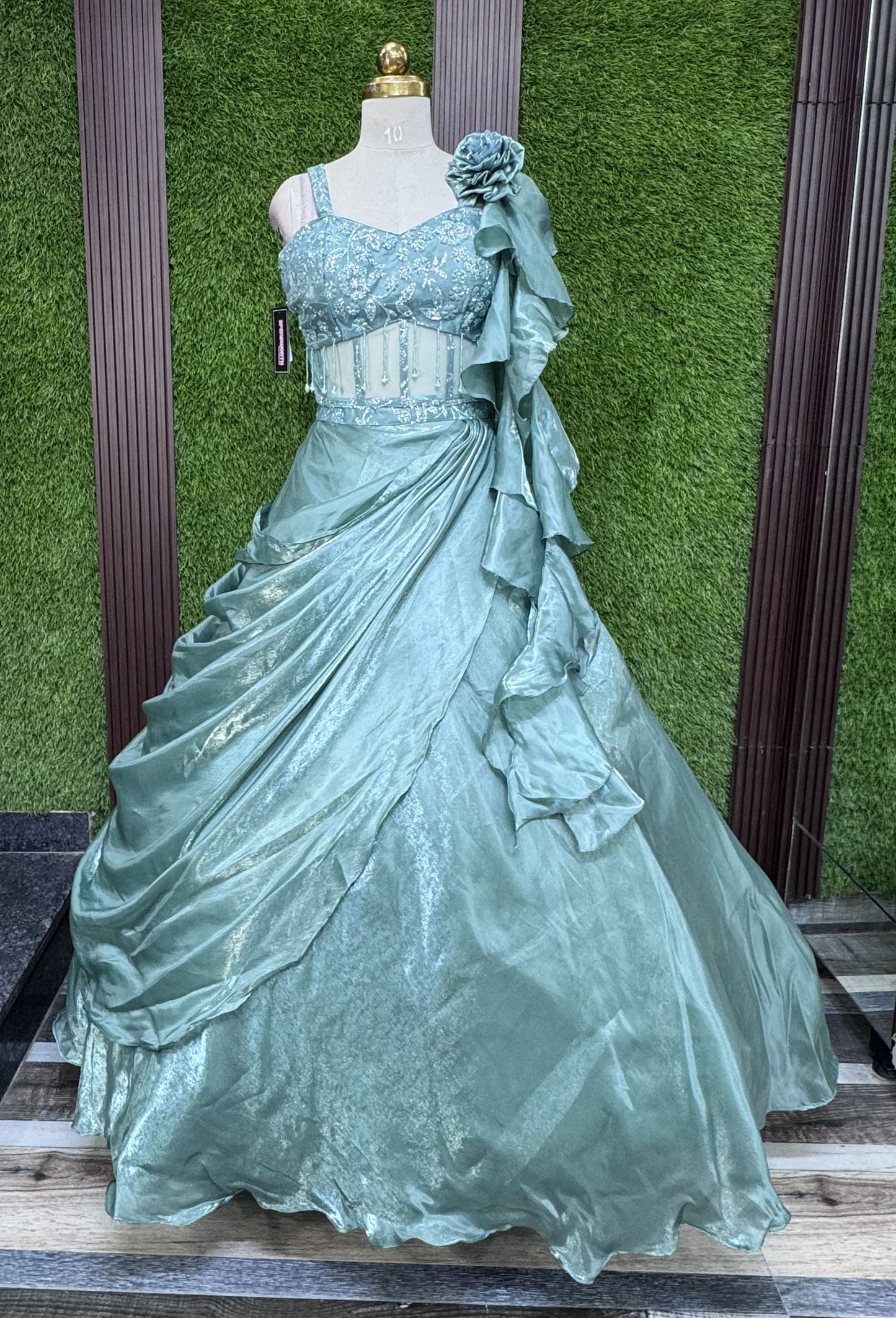 Drape Organza Skirt Lehenga with Corset Style Spaghetti Choli