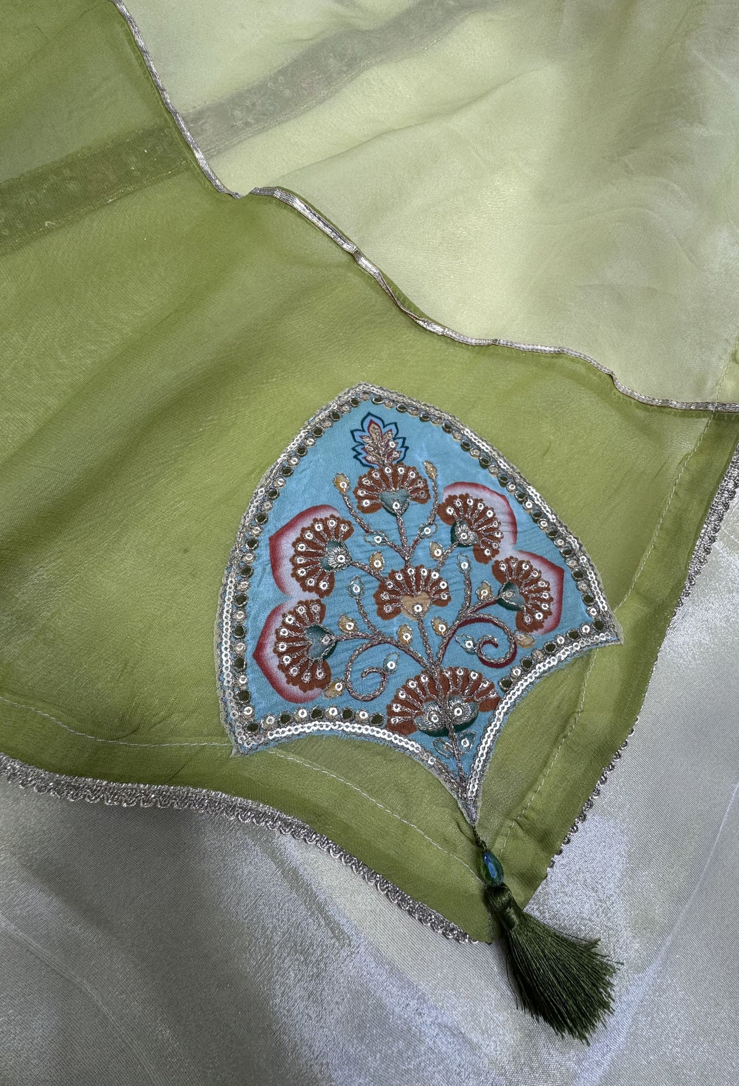 Shimmer Tissue Straight Suit with Multi Embroidered Organza Dupatta