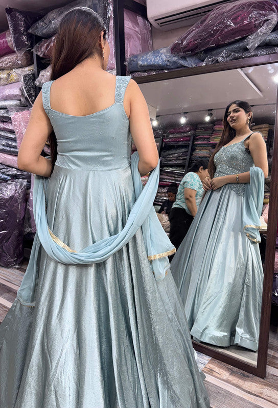 Spaghetti Style Hand Embellished Peplum Yoke Designer Gown