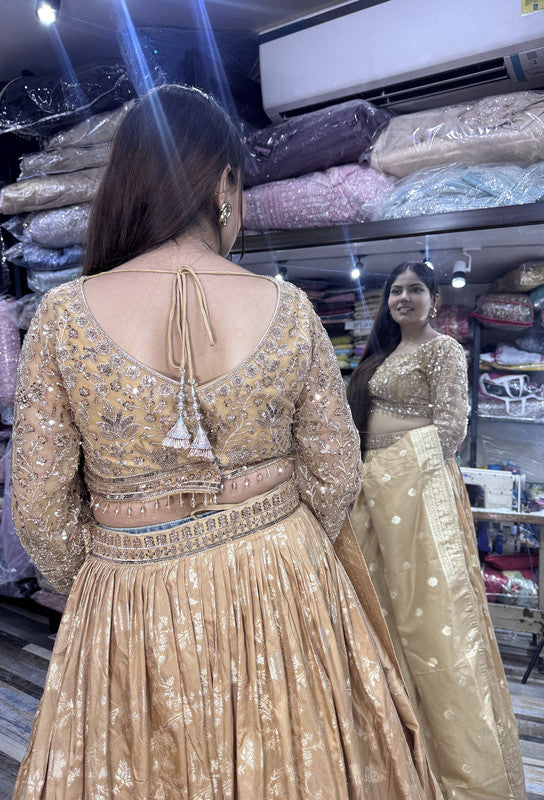 Pure Banarasi Golden Full Sleeve Blouse & Lehenga with Dupatta