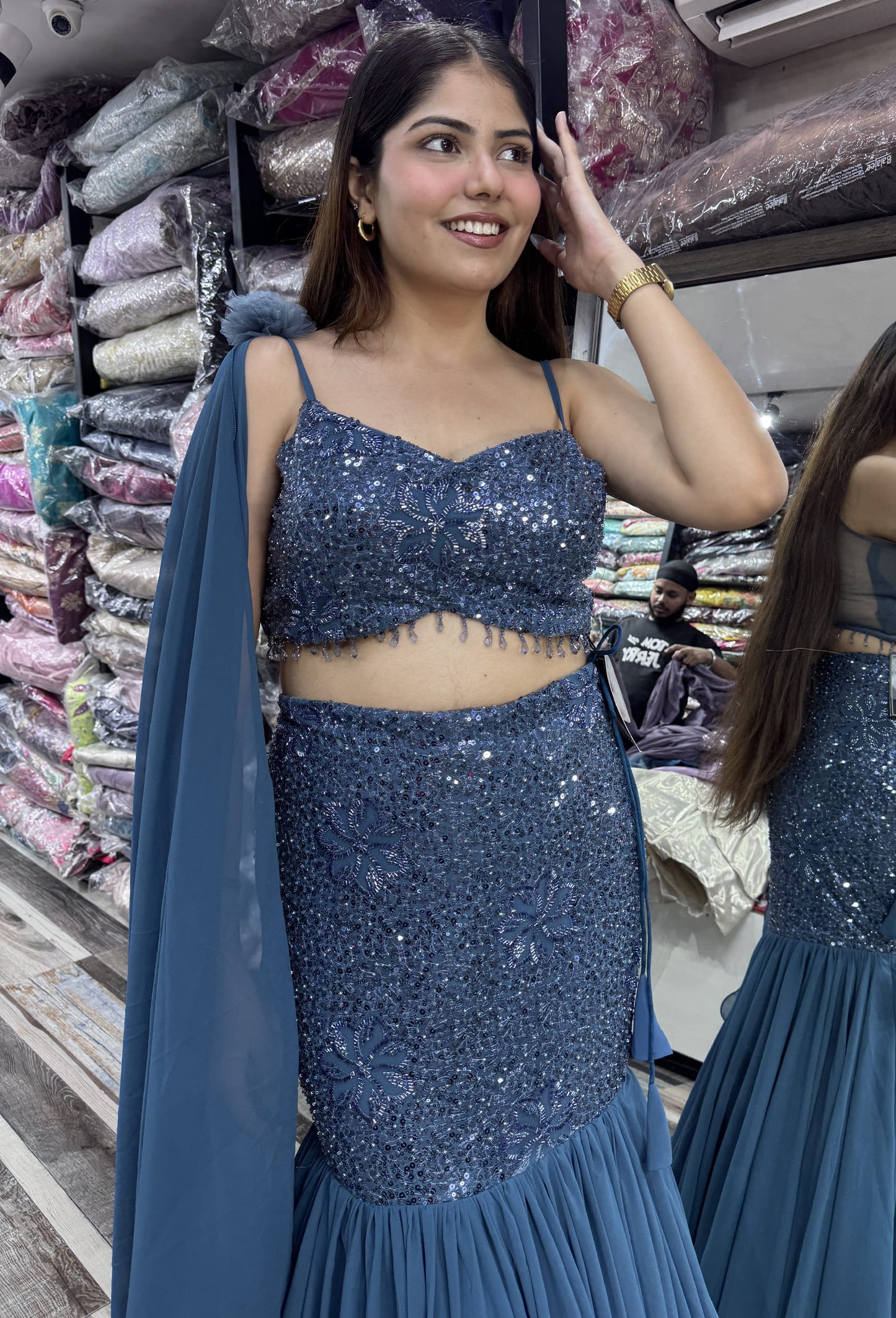 Noodle Strap Fish Cut Lehenga with Net Border Dupatta