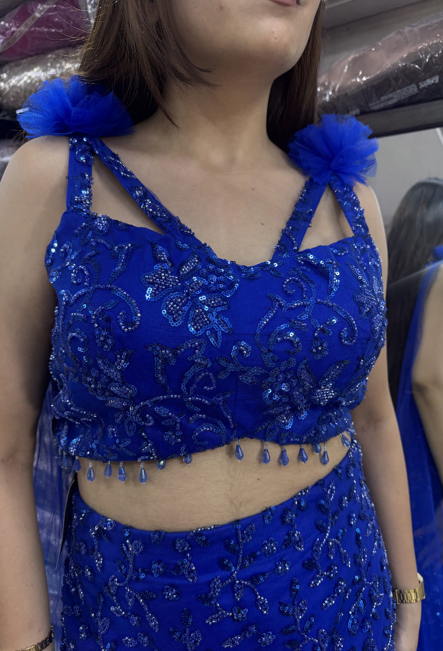 Hand Embellished Fish Cut Lehenga with Designer Blouse & Sleeves