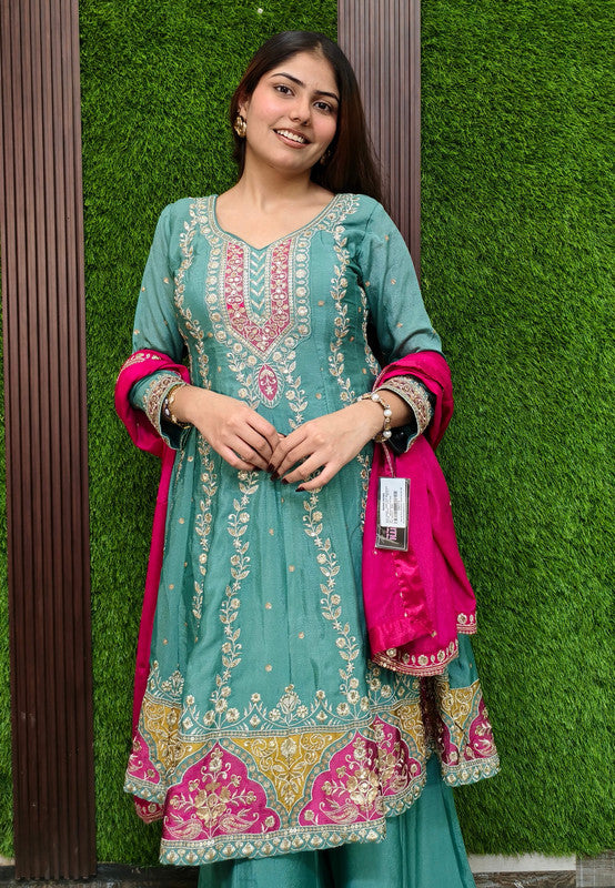 Elegant Chinnon Silk Anarkali Plazo Suit in Gotta Work Embroidery with Contrast Dupatta