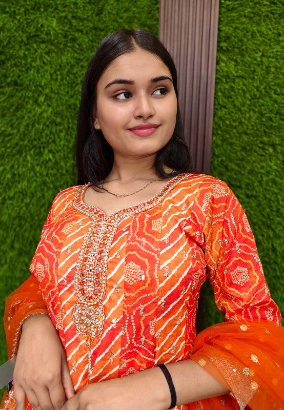 Designer Zari Embroidery Peplum Chinnon Silk leheriya Print Sharara Suit - Orange