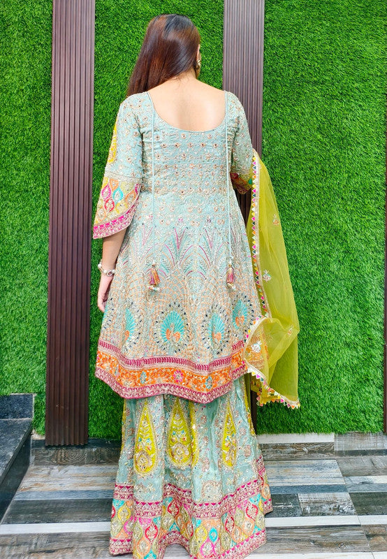 Anarkali Style Multi Embroidered Hand Work Sharara Suit With Contrast Colour Net Duppatta