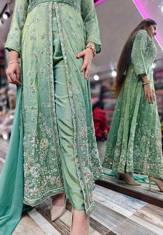 Indo western Style Heavy Hand Beaded Long Anarkali Trouser Pants with Front Slit - Green