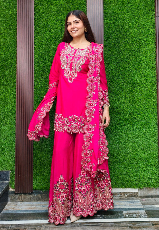 Multi Thread work Straight Sharara Suit with Scalp Embroidered Duppatta - Hot Pink