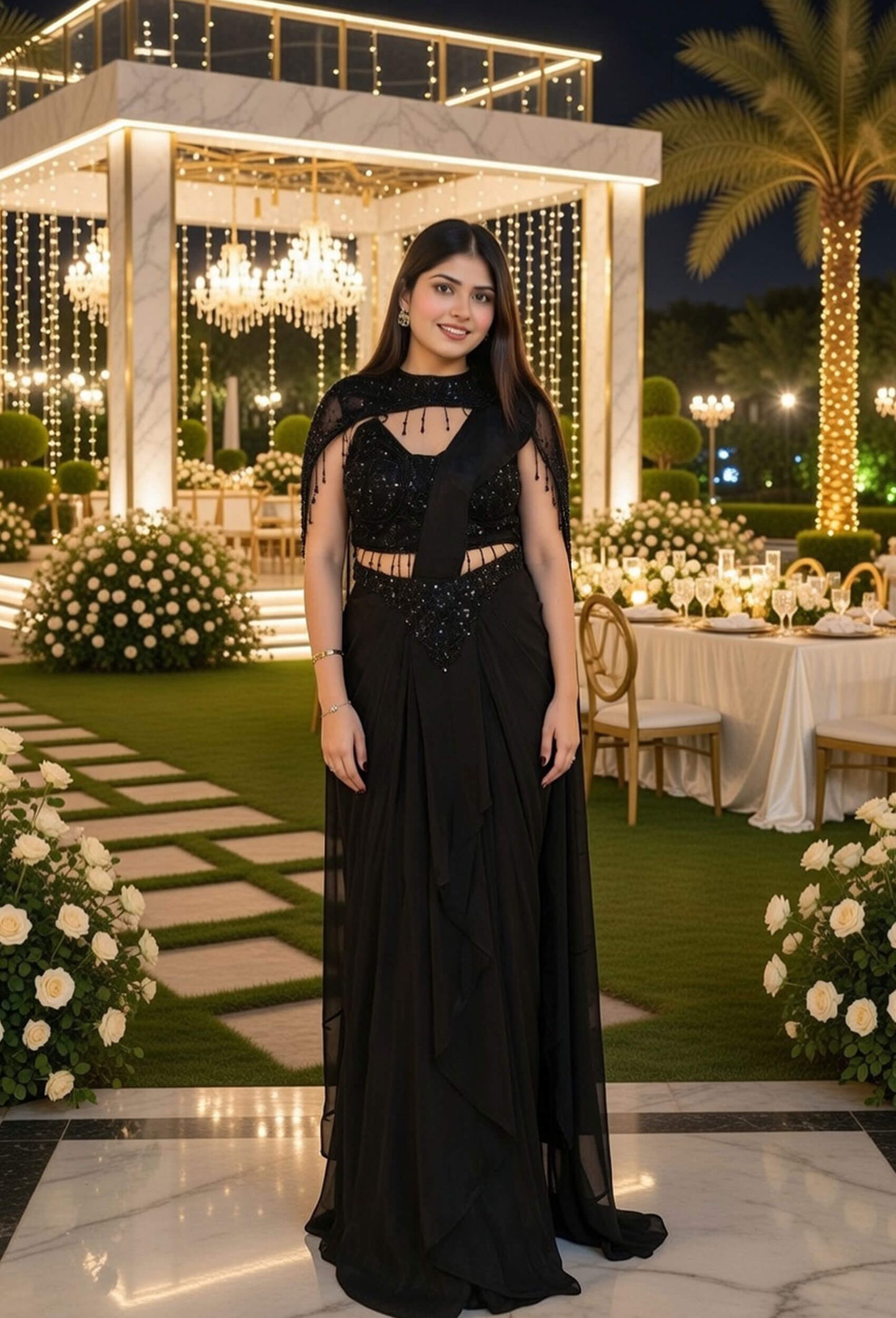 Chinnon Silk Pre-Draped Saree with Fully Hand-Embellished Blouse and Separate Shoulder Styling