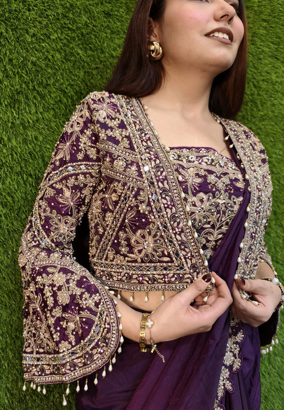 Designer Silk Embroidered Drape Saree with Stylish Separate Short Jacket For Enhancing Look