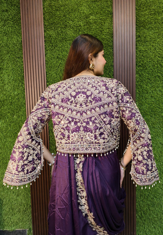 Designer Silk Embroidered Drape Saree with Stylish Separate Short Jacket For Enhancing Look