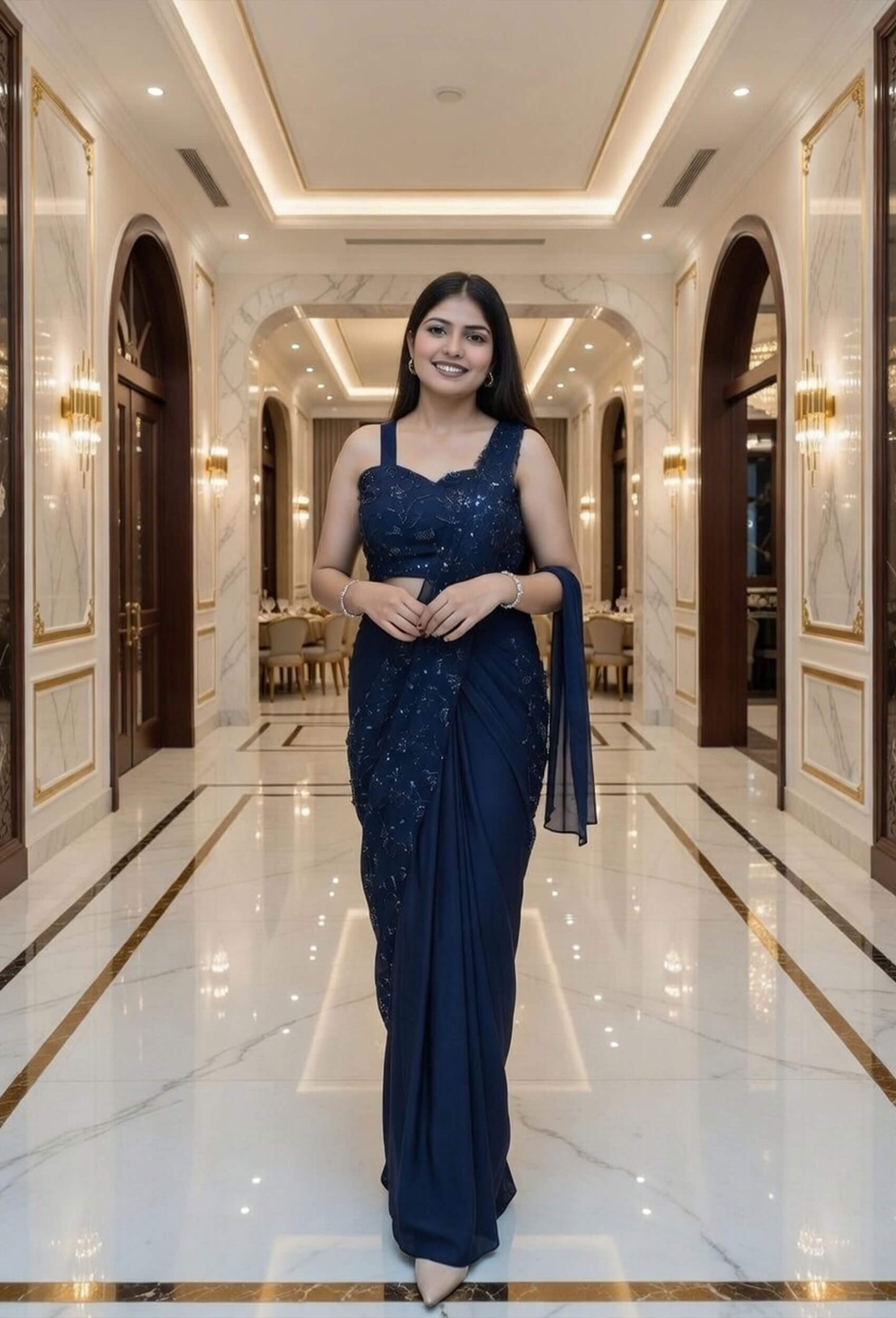 Beautiful Ready-Made Drape Saree with All-Over Hand Work Spaghetti Style Hand Work Blouse