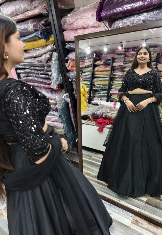 Designer Armani Satin Full Flare Lehenga and Net Bordered Dupatta with Stylish Hand Embellished Blouse