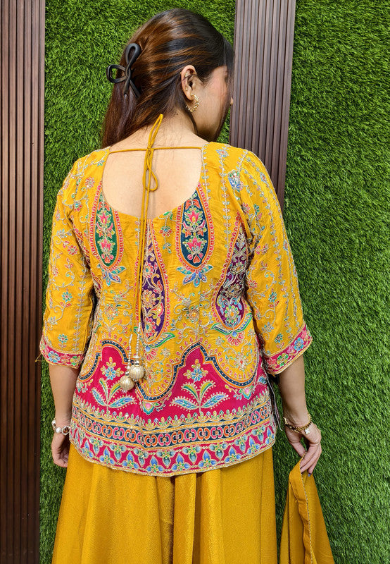 Embroidered Co-ord Set with Full Flare Divider Bottom and Printed Short Shirt in Chinnon Silk