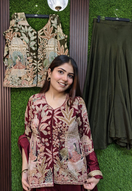 Designer Embroidered Chinnon Silk Co-ord Set with Full Flare Divider Bottom and printed Short Shirt