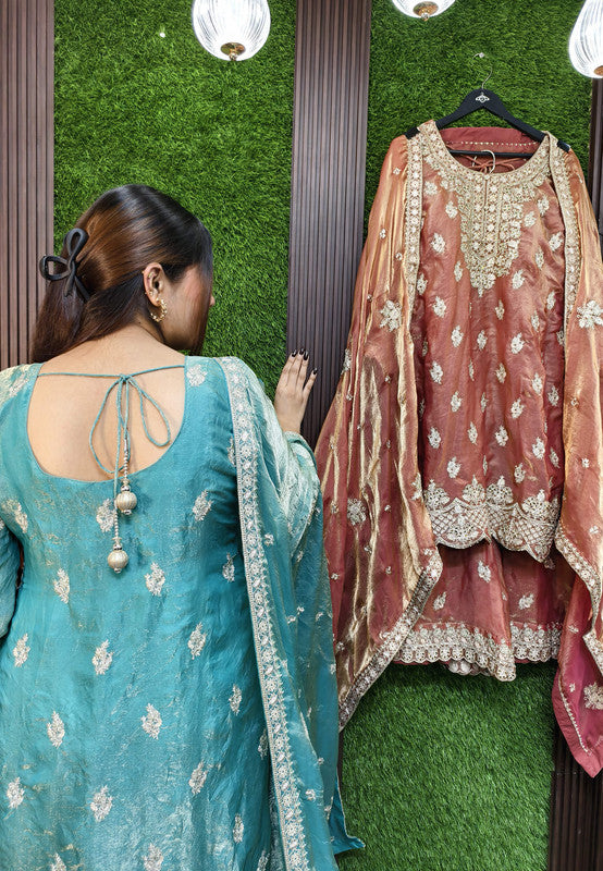 Pure Organza Straight Sharara Suit with Heavy Bottom Hand Work and Full Embroidered Dupatta