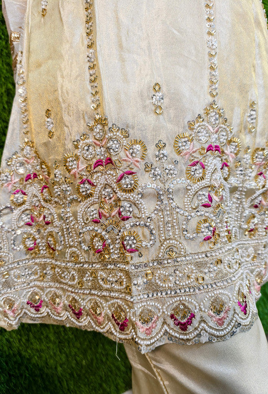 Beautiful Designer Shimmer Tissue Co-ord Style Hand Embellished Palazzo Suit Set with Separate Inner Bustier