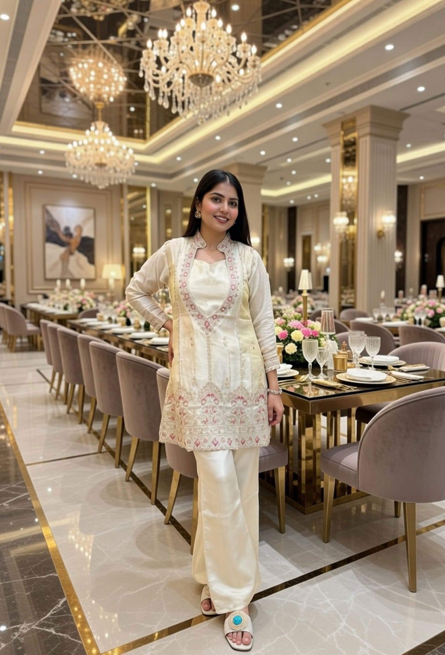 Beautiful Designer Shimmer Tissue Co-ord Style Hand Embellished Palazzo Suit Set with Separate Inner Bustier